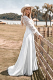 Ivory A Line V-Neck Floor Length Wedding Dress With Long Sleeves