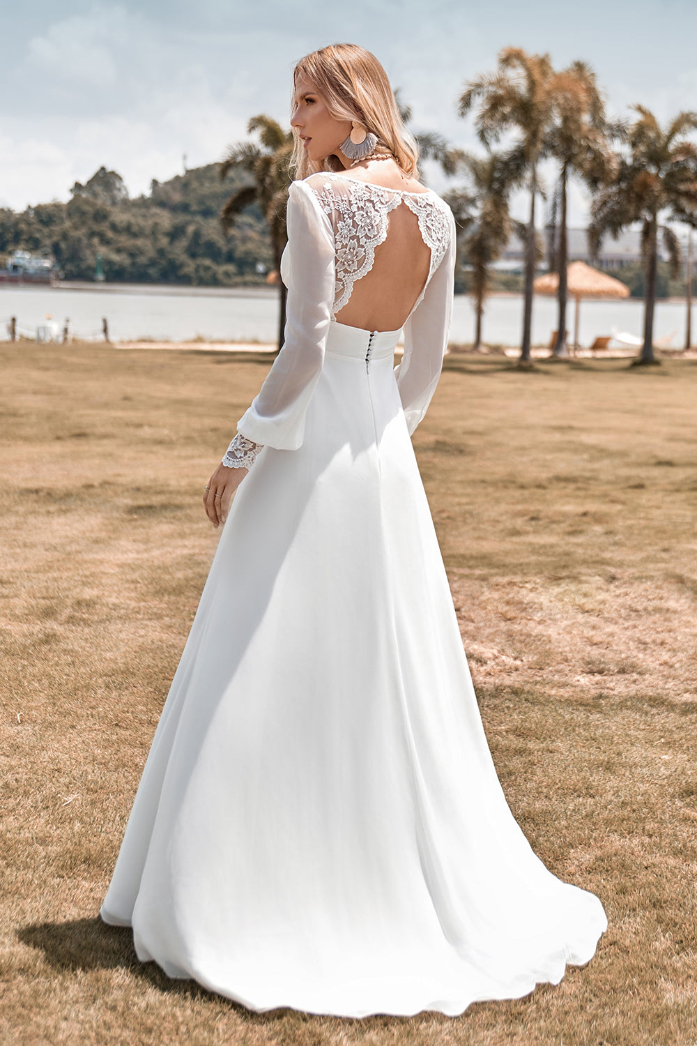 Ivory A Line V-Neck Floor Length Wedding Dress With Long Sleeves