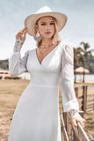 Ivory A Line V-Neck Floor Length Wedding Dress With Long Sleeves