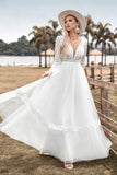 Ivory A Line V-Neck Long Wedding Dress With Long Sleeves