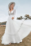 Ivory A Line V-Neck Long Wedding Dress With Long Sleeves