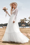 Ivory A Line V-Neck Long Wedding Dress With Long Sleeves
