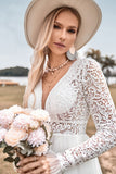 Ivory A Line V-Neck Long Wedding Dress With Long Sleeves