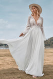 Ivory A Line Deep V Neck Sweep Train Lace Wedding Dress