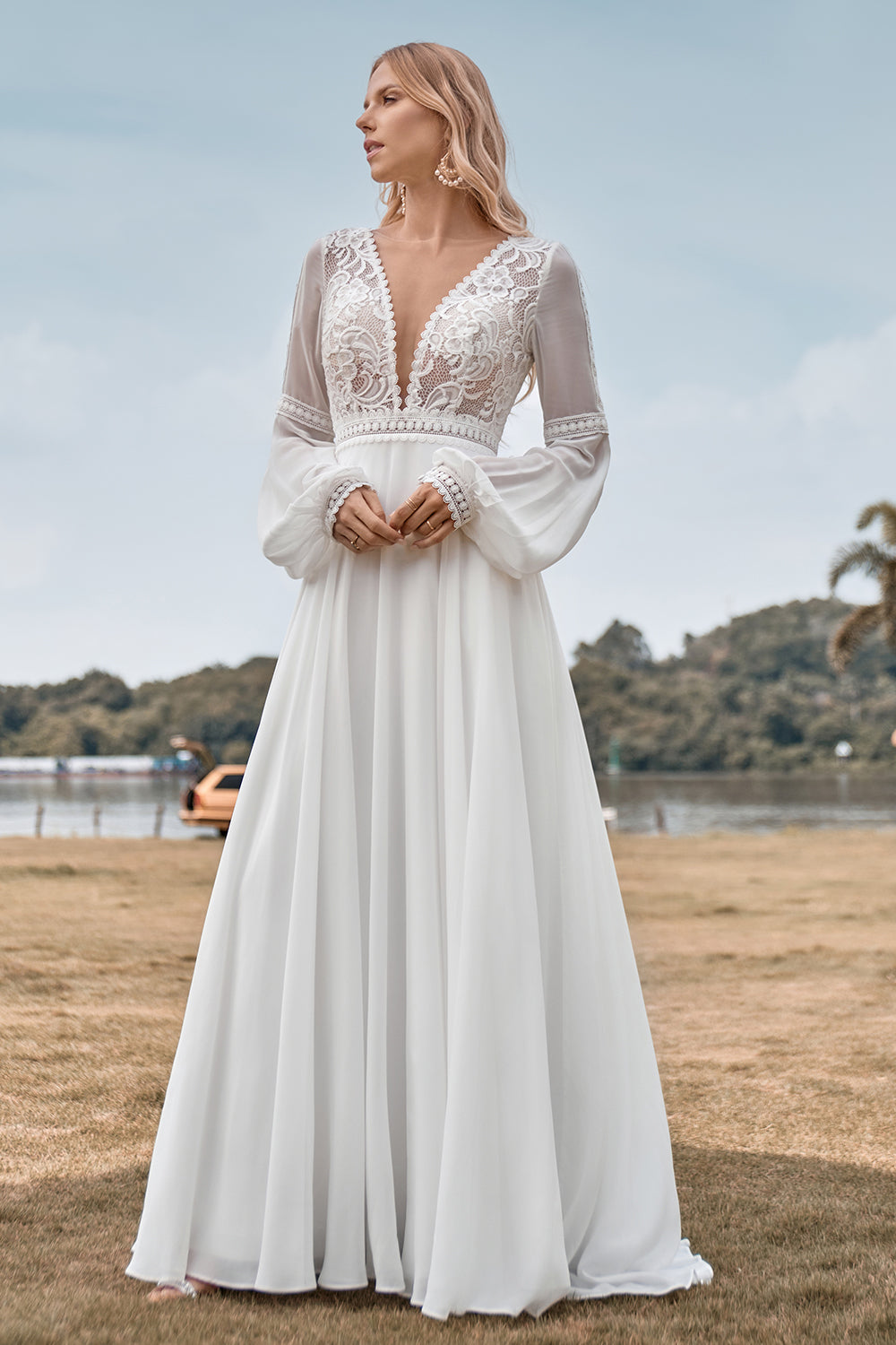 Wedtrend Women Bridal Dress Ivory A Line Deep V Neck Sweep Train Lace Wedding Dress WEDTREND Wedtrend Women Bridal Dress Ivory A Line Deep V Neck Sweep Train Lace Wedding Dress WEDTREND