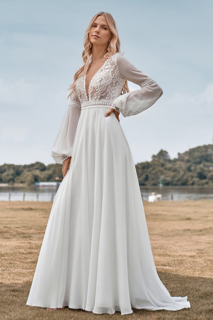 A Line Deep V-Neck Ivory Tulle Sweep Train Wedding Dress with Lace