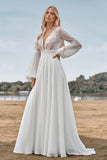 Ivory A Line Deep V Neck Sweep Train Lace Wedding Dress