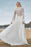 Ivory A Line Deep V Neck Sweep Train Lace Wedding Dress