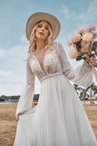 Ivory A Line Deep V Neck Sweep Train Lace Wedding Dress