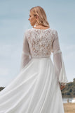 Ivory A Line Deep V Neck Sweep Train Lace Wedding Dress