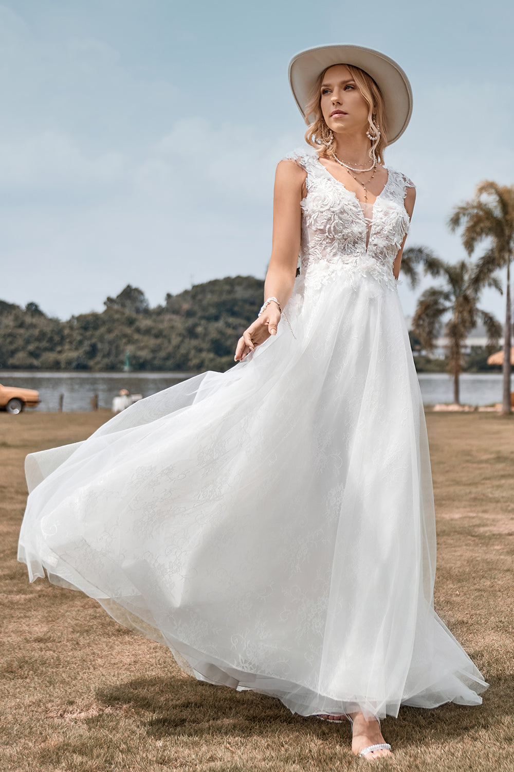 Ivory A Line V Neck Court Train Tulle Wedding Dress with Lace