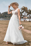 Ivory A Line V Neck Court Train Tulle Wedding Dress with Lace