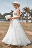 Ivory A Line V Neck Court Train Tulle Wedding Dress with Lace