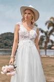 Ivory A Line V Neck Court Train Tulle Wedding Dress with Lace