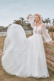 Ivory A Line V Neck Court Train Tulle Wedding Dress with Long Sleeves