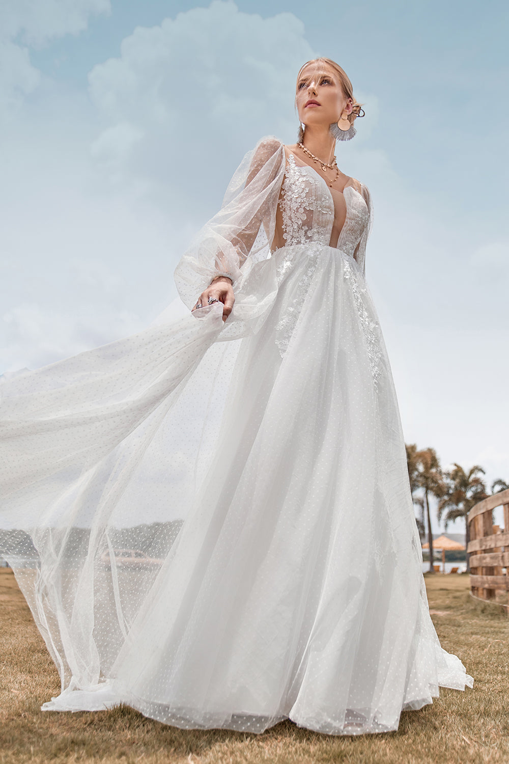 Ivory A Line V Neck Court Train Tulle Wedding Dress with Long Sleeves