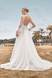 Ivory A Line V Neck Court Train Tulle Wedding Dress with Long Sleeves