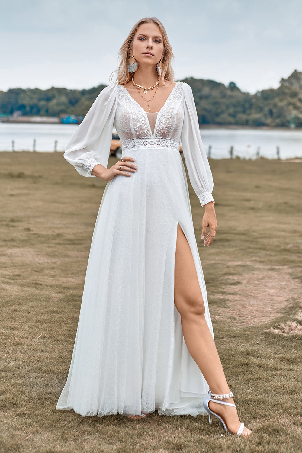 Ivory A Line V-Neck Sweep Train Long Wedding Dress with Long Sleeves