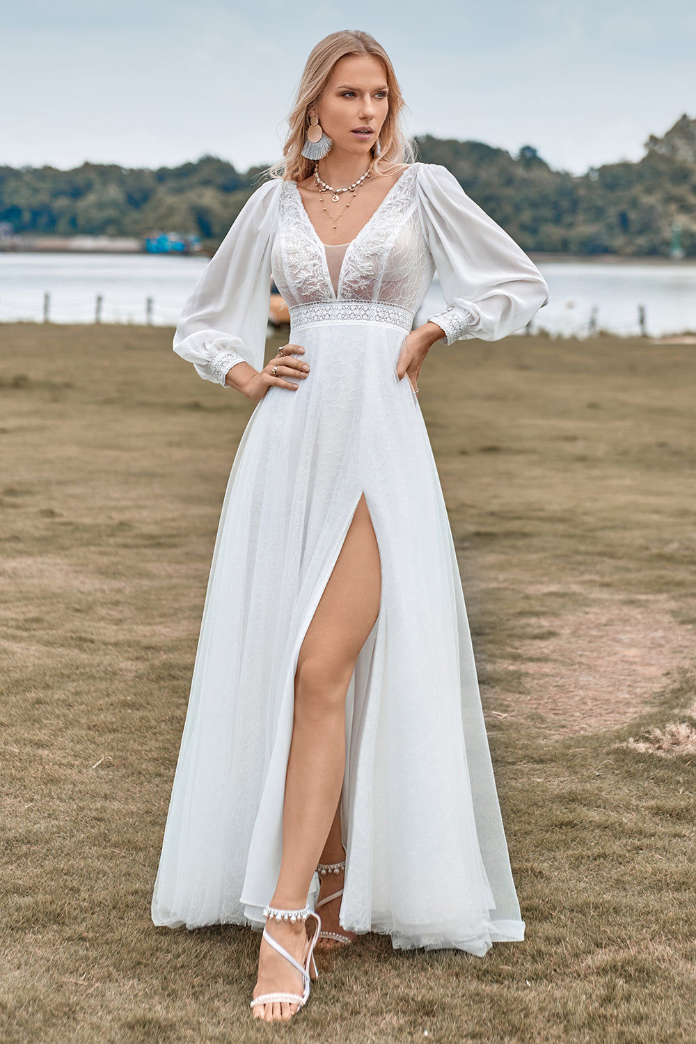 Ivory A Line V-Neck Sweep Train Long Wedding Dress with Long Sleeves