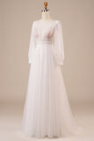 Ivory Sequins A Line V Neck Tulle Wedding Dress with Long Sleeves