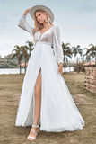 Ivory A Line V-Neck Sweep Train Long Wedding Dress with Long Sleeves