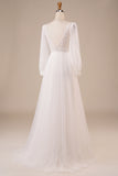 Ivory Sequins A Line V Neck Tulle Wedding Dress with Long Sleeves