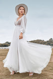 Ivory A Line V-Neck Sweep Train Long Wedding Dress with Long Sleeves