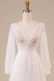 Ivory Sequins A Line V Neck Tulle Wedding Dress with Long Sleeves
