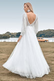 Ivory A Line V-Neck Sweep Train Long Wedding Dress with Long Sleeves