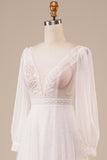 Ivory Sequins A Line V Neck Tulle Wedding Dress with Long Sleeves