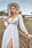 Ivory A Line V-Neck Sweep Train Long Wedding Dress with Long Sleeves