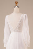 Ivory Sequins A Line V Neck Tulle Wedding Dress with Long Sleeves