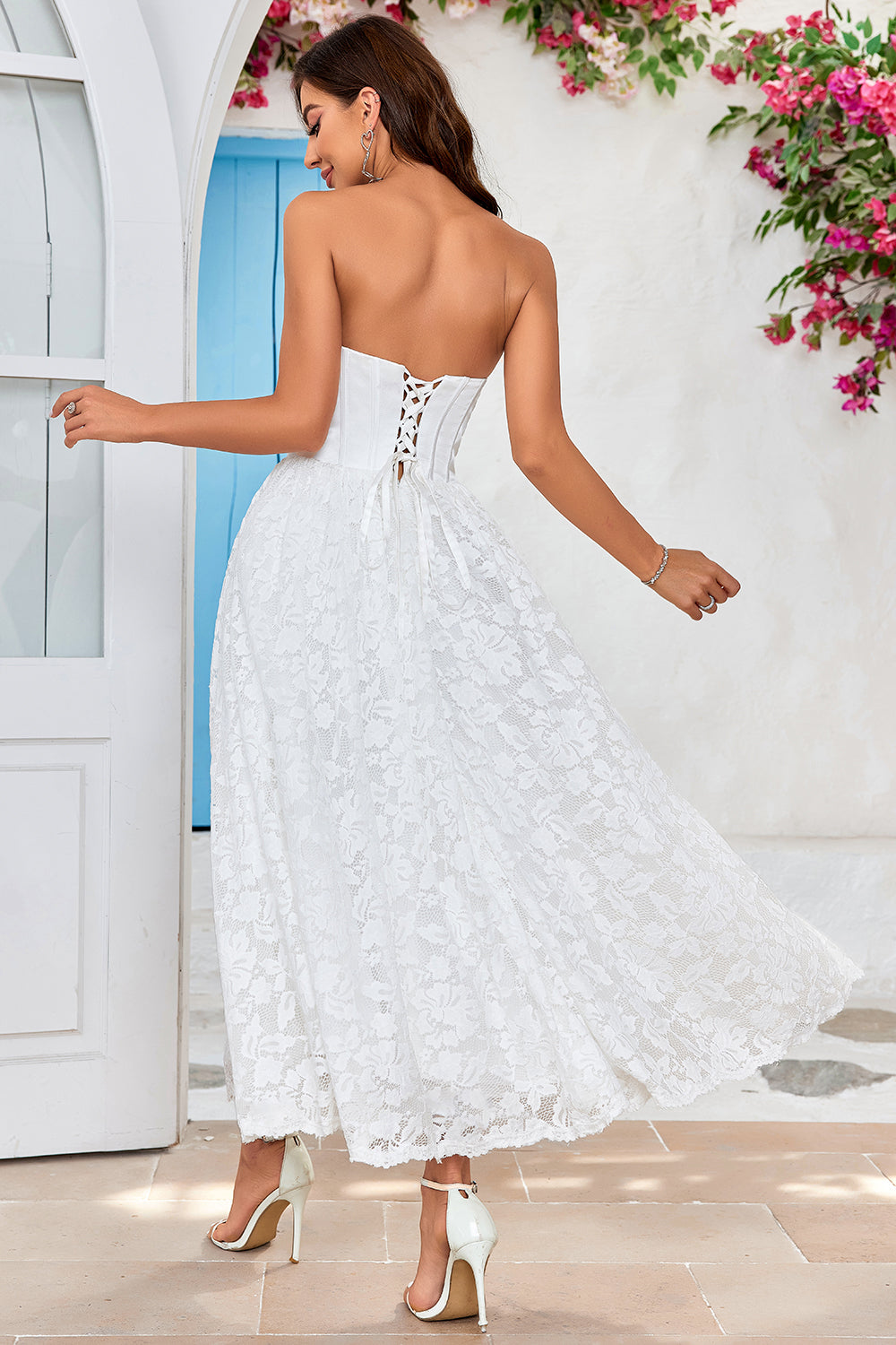 A Line Sweetheart Tea-Length Corset Wedding Dress with Lace