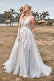 Ivory A Line V-Neck Sweep Train Wedding Dress With Lace