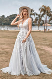 Ivory A Line V-Neck Sweep Train Wedding Dress With Lace