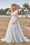 Ivory A Line V-Neck Sweep Train Wedding Dress With Lace