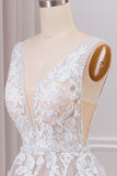 A Line V-Neck Sweep Train Ivory Wedding Dress With Lace