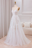 Ivory A Line V Neck Tulle Long Boho Wedding Dress with Lace