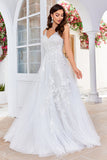 Ivory A Line V Neck Court Train Tulle Wedding Dress with Lace