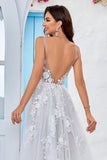 Ivory A Line V Neck Court Train Tulle Wedding Dress with Lace