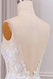 Ivory A Line V Neck Tulle Long Boho Wedding Dress with Lace