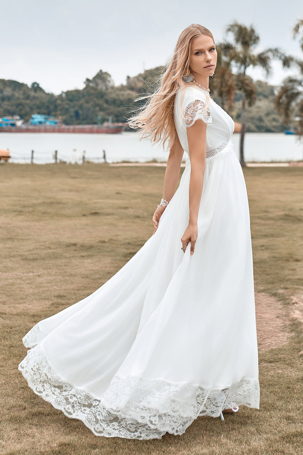Ivory A Line V-Neck Floor Length Boho Wedding Dress With Slit