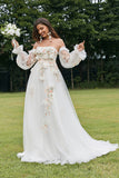 Ivory A Line Sweetheart Floral Wedding Dress with Appliqued Embroidery