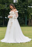 Ivory A Line Sweetheart Floral Wedding Dress with Appliqued Embroidery