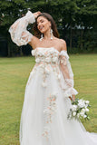Ivory A Line Sweetheart Floral Wedding Dress with Appliqued Embroidery