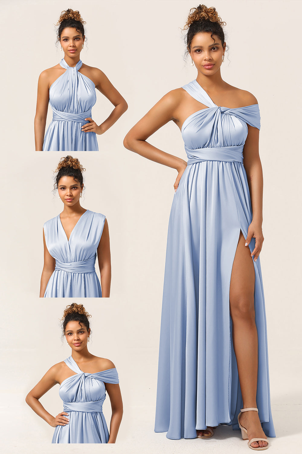 Dusty Blue A-Line Convertible Floor Length Satin Bridesmaid Dress