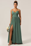 Eucalyptus A-Line Spaghetti Straps Floor Length Chiffon Bridesmaid Dress with Slit