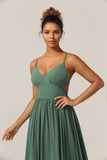 Eucalyptus A-Line Spaghetti Straps Floor Length Chiffon Bridesmaid Dress with Slit