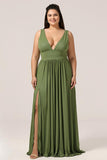 Olive A-Line Deep V-neck Spandex Plus Size Bridesmaid Dress with Slit