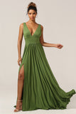 Olive A-Line Deep V-neck Spandex Floor Length Bridesmaid Dress with Slit